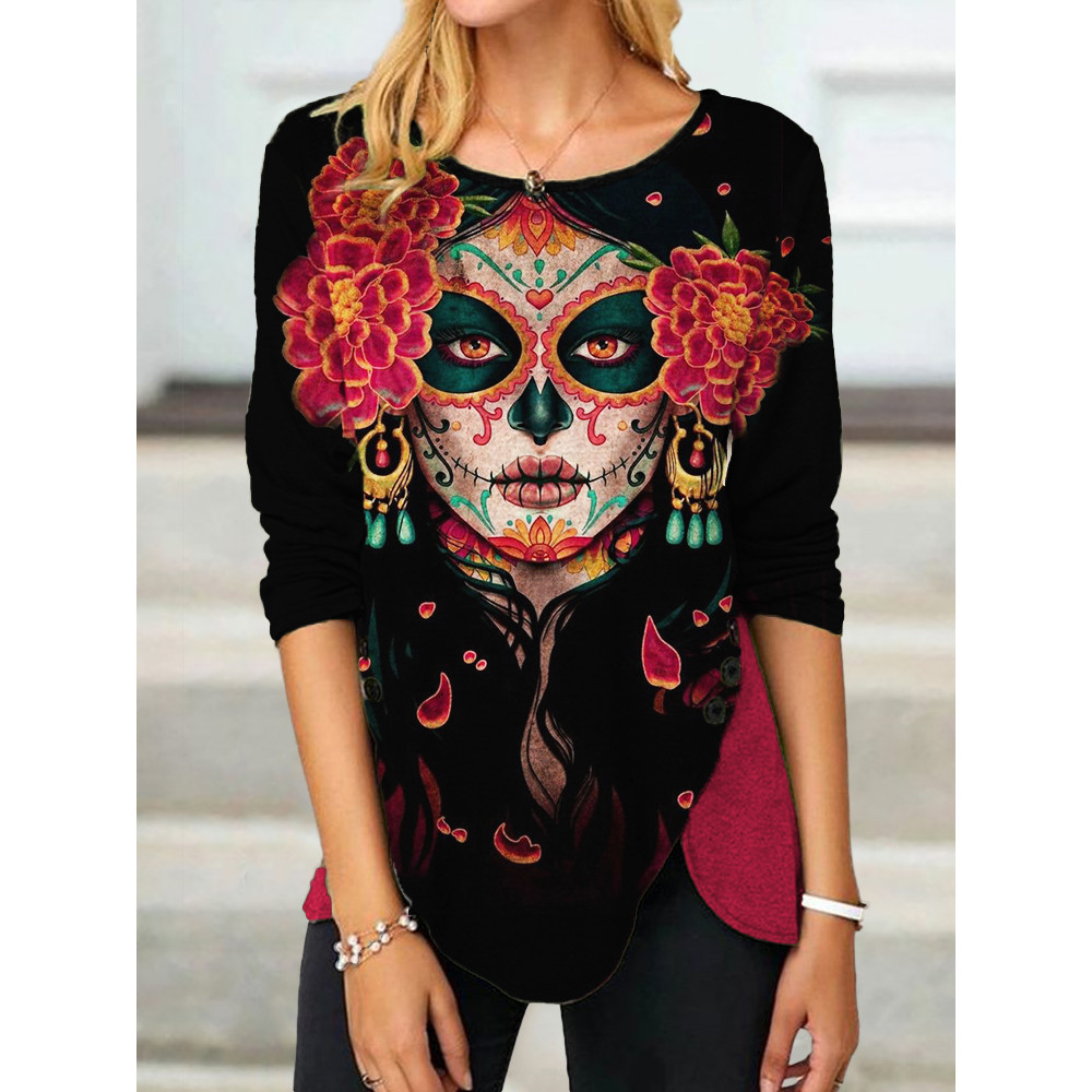 Day Of The Dead Queen Skull Button Slit T Shirt