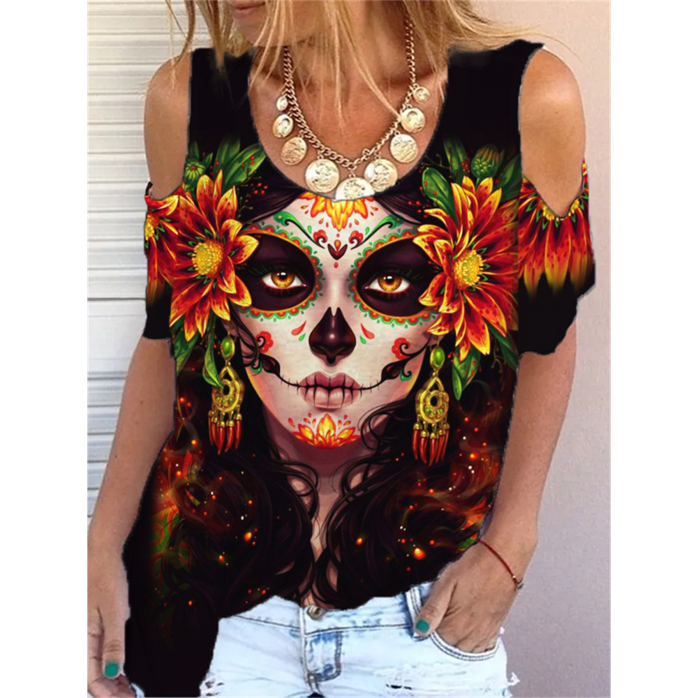 Day Of The Dead Queen Skull Hollow Shoulder T Shirt