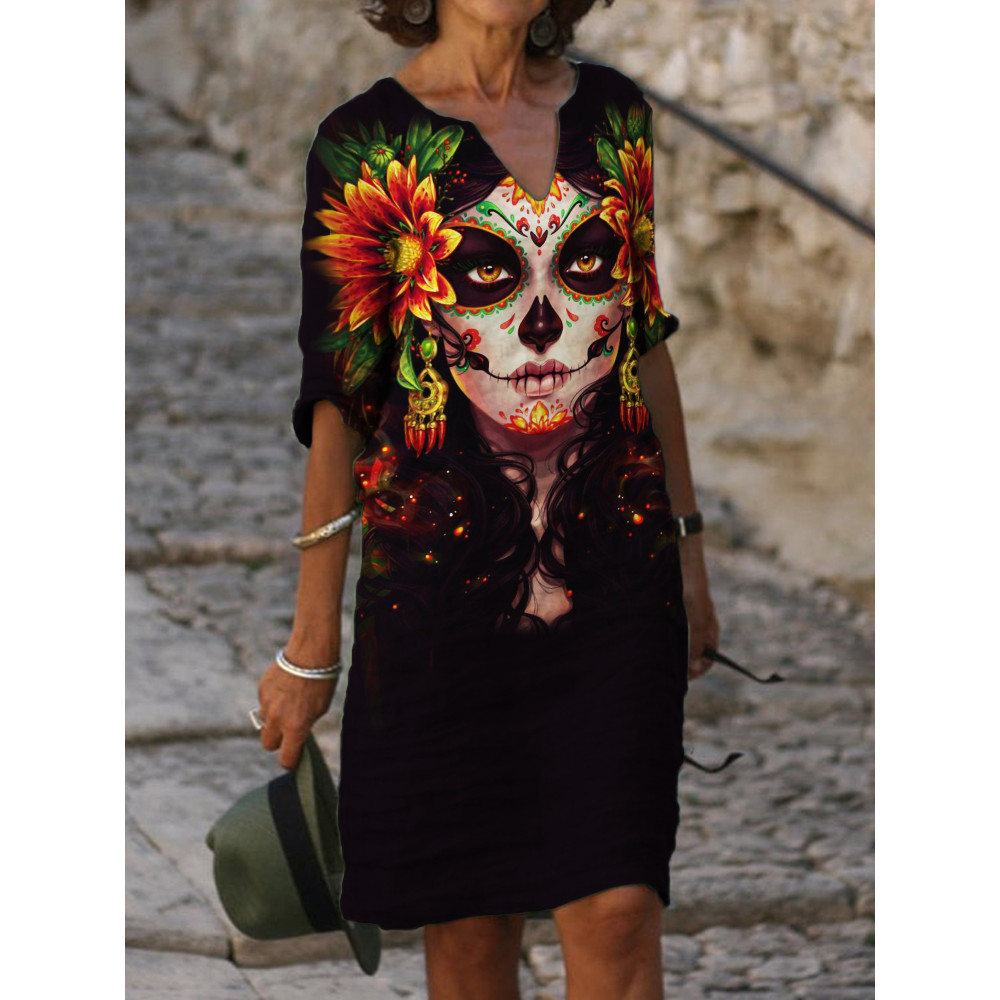 Day Of The Dead Queen Skull Notch Neck Midi Dress