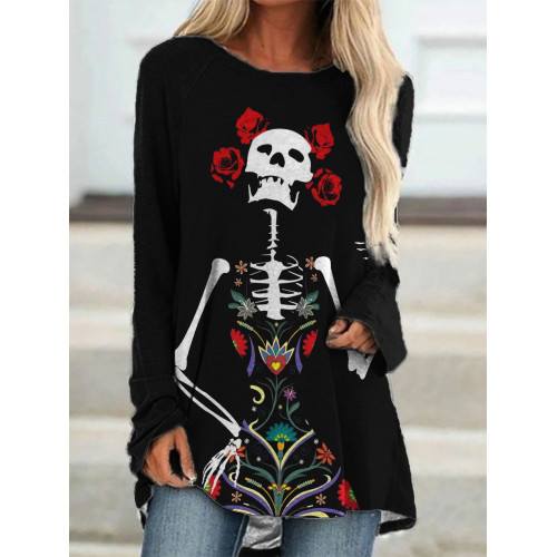 Day Of The Dead Rose Skeleton Long Sleeve T Shirt