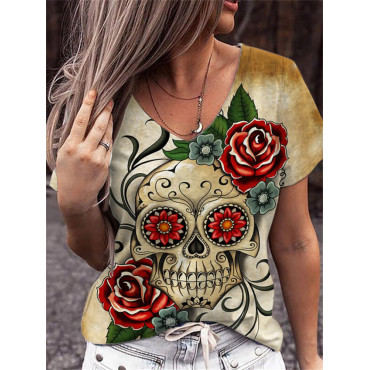 Day Of The Dead Rose Skull Tie Dye V Neck T Shirt
