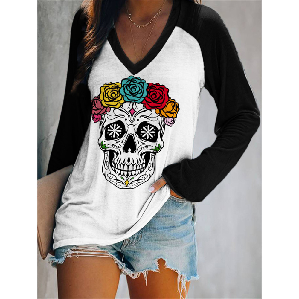 Day Of The Dead Rose Wreath Skull V Neck T Shirt