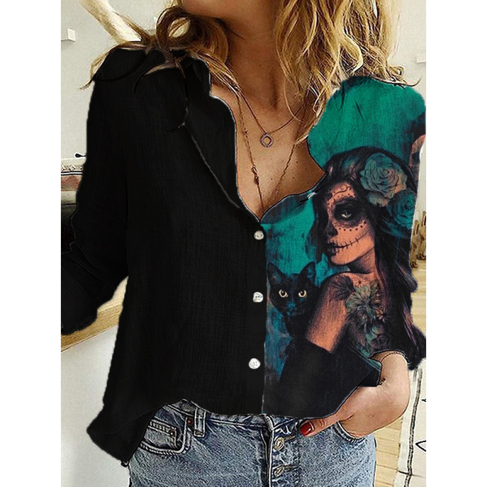 Day Of The Dead Skull Black Cat Art Blouse