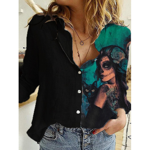Day Of The Dead Skull Black Cat Art Blouse