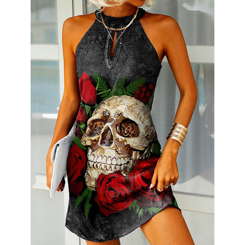 Day Of The Dead Skull Halter Sleeveless Mini Dress