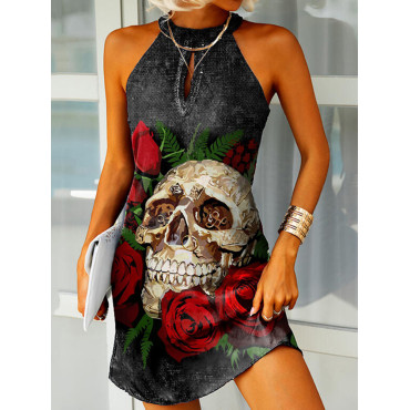 Day Of The Dead Skull Halter Sleeveless Mini Dress