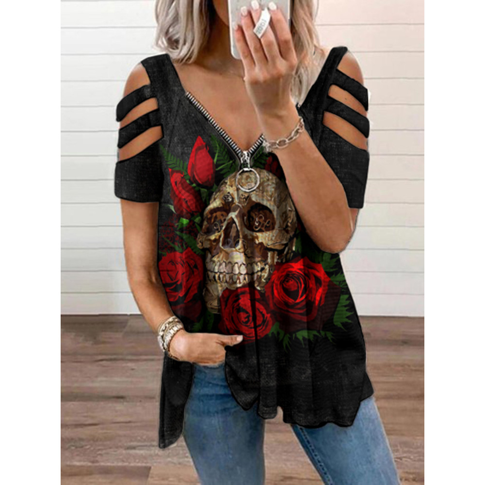 Day Of The Dead Skull Print Off-The-Shoulder T-Shirt