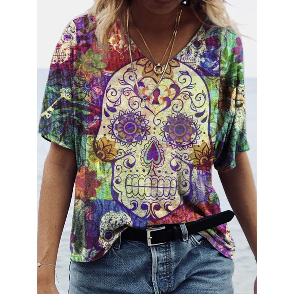 Day Of The Dead Skull V Neck Short Sleeve T Shirt