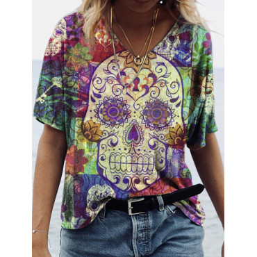 Day Of The Dead Skull V Neck Short Sleeve T Shirt