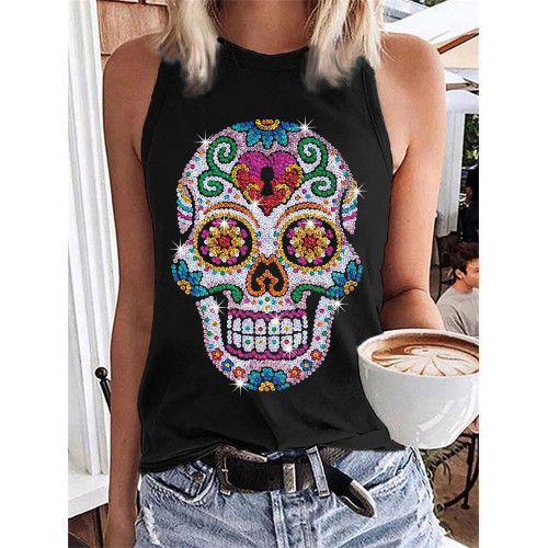 Day Of The Dead Sugar Skull Sequins Print Tank Top