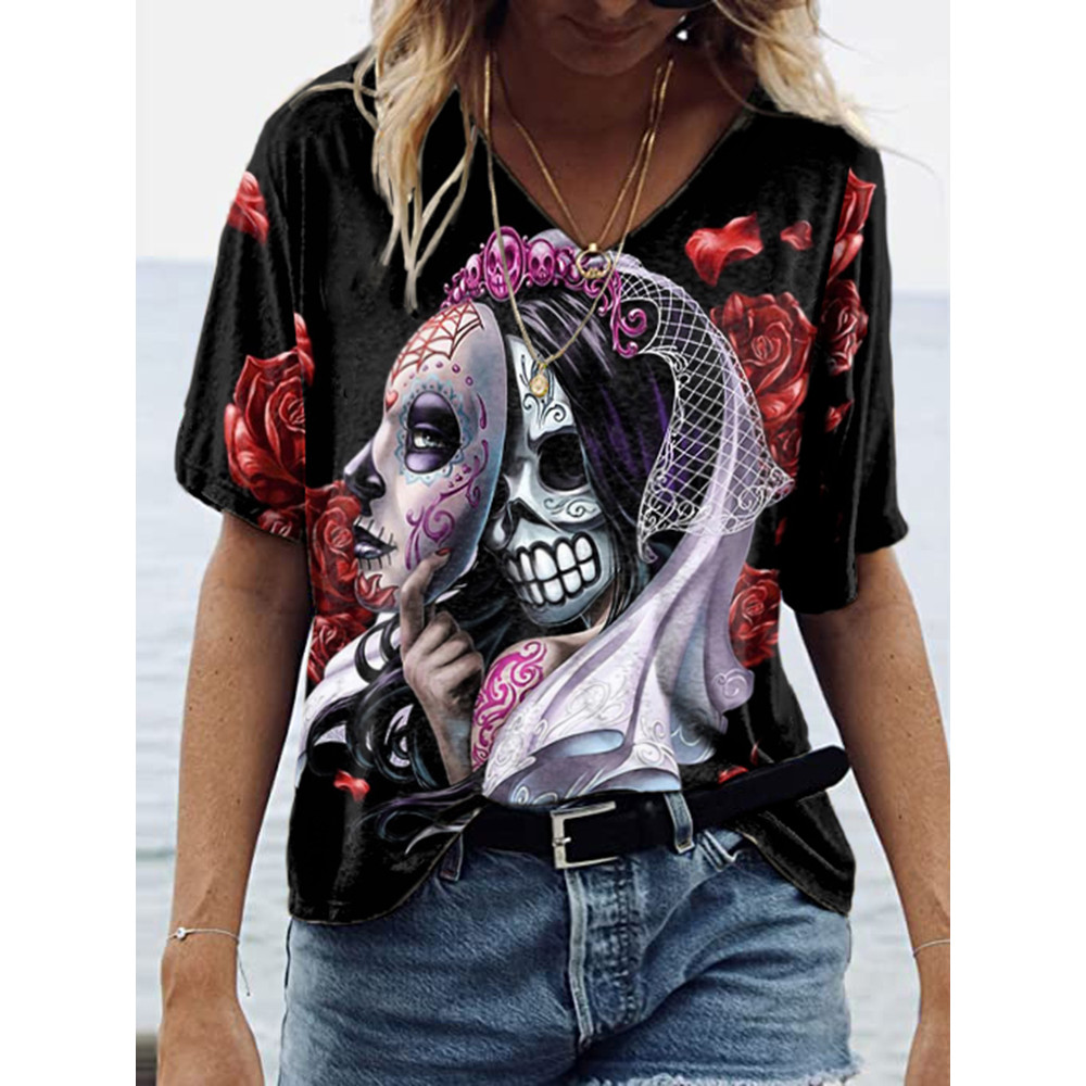 Day Of The Dead Woman V Neck Casual T-Shirt