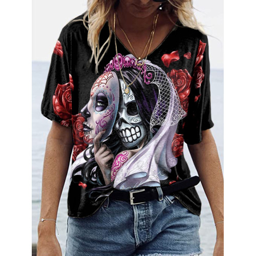 Day Of The Dead Woman V Neck Casual T-Shirt