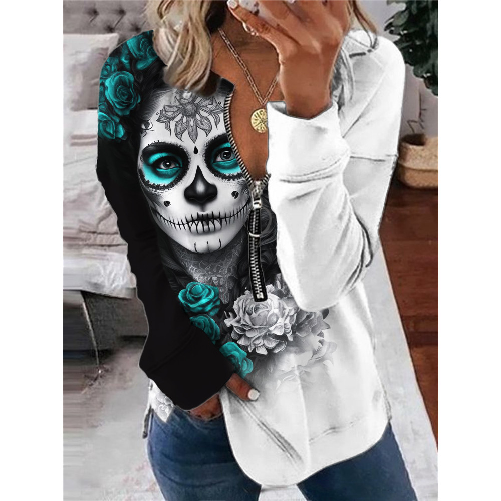 Day of the Dead Art Contrast Zip Up Sweatshirt