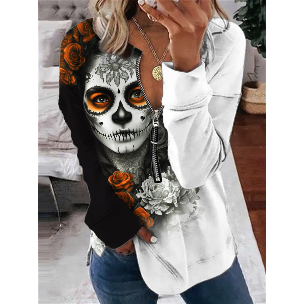 Day of the Dead Art Contrast Zip Up Sweatshirt