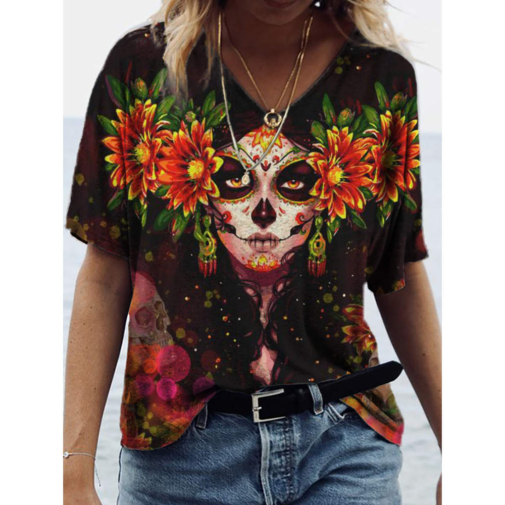 Day of the Dead Art Print Casual V Neck T Shirt