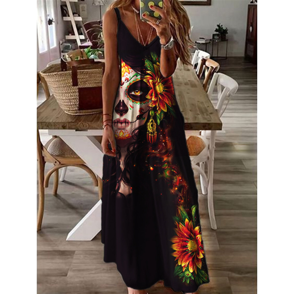 Day of the Dead Floral Art Cami Maxi Dress