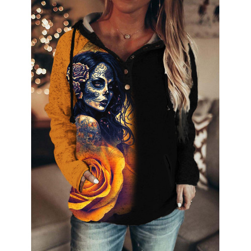 Day of the Dead Floral Art Contrast Color Button Up Hoodie