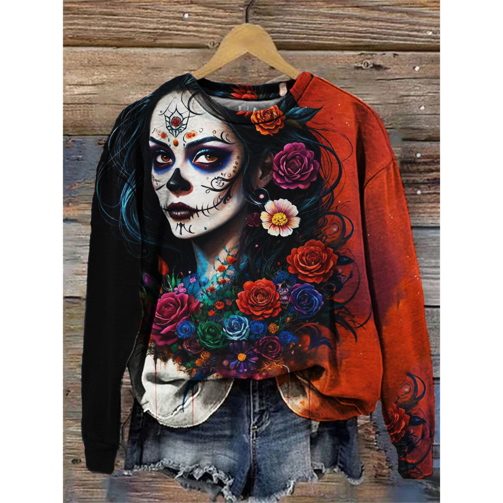 Day of the Dead Floral Art Contrast Color Sweatshirt