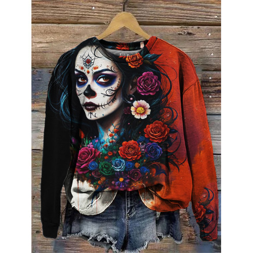 Day of the Dead Floral Art Contrast Color Sweatshirt