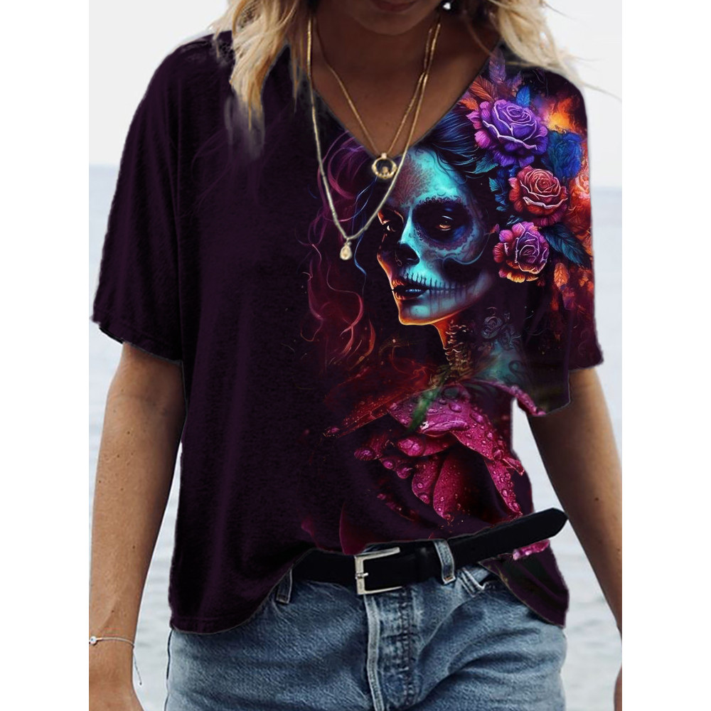 Day of the Dead Floral Art V Neck T Shirt