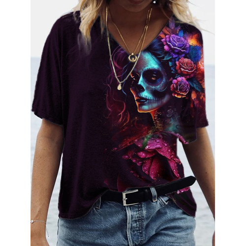 Day of the Dead Floral Art V Neck T Shirt
