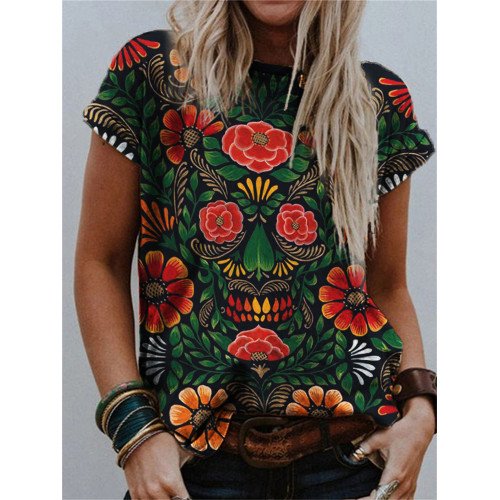 Day of the Dead Flower Skull Art Crew Neck T Shirt