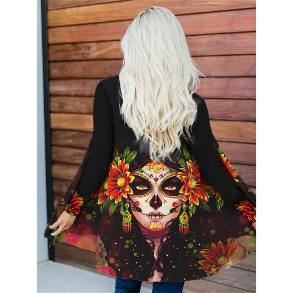 Day of the Dead Flower Skull Print Casual Cardigan