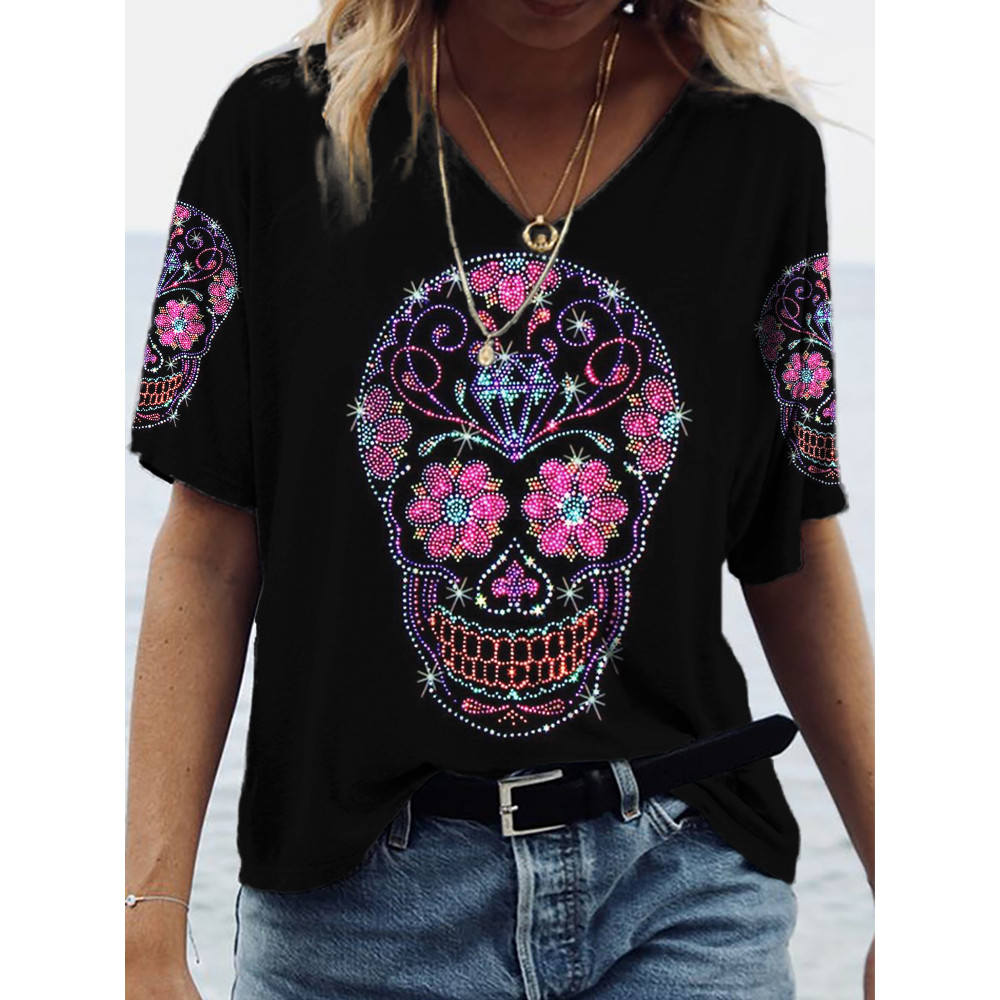 Day of the Dead Glitter Skull Art V Neck Comfy T Shirt
