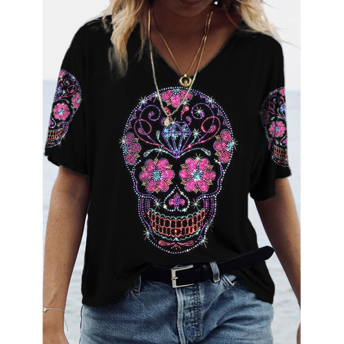 Day of the Dead Glitter Skull Art V Neck Comfy T Shirt