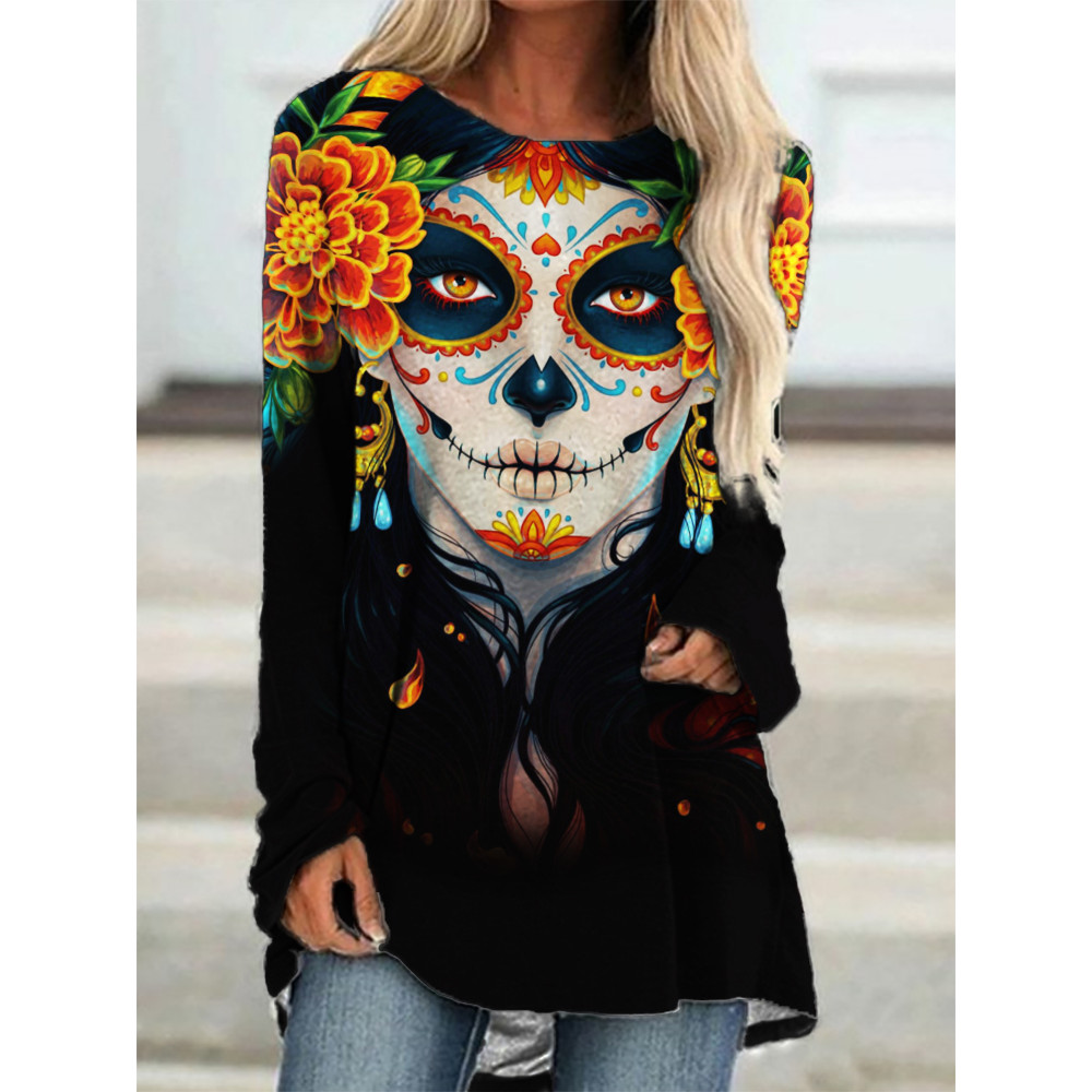 Day of the Dead Skull Crewneck Long Sleeve T Shirt