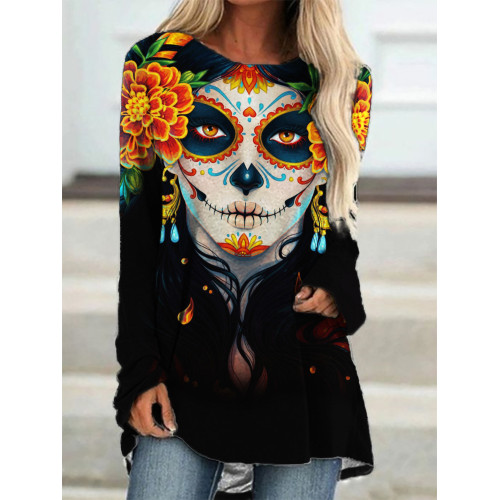 Day of the Dead Skull Crewneck Long Sleeve T Shirt