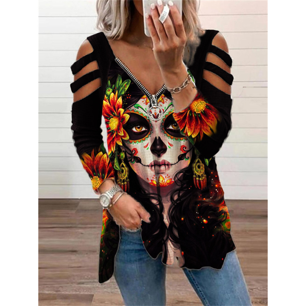 Day of the Dead Skull Print Cutout Shoulder T Shirt