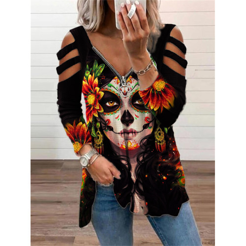Day of the Dead Skull Print Cutout Shoulder T Shirt