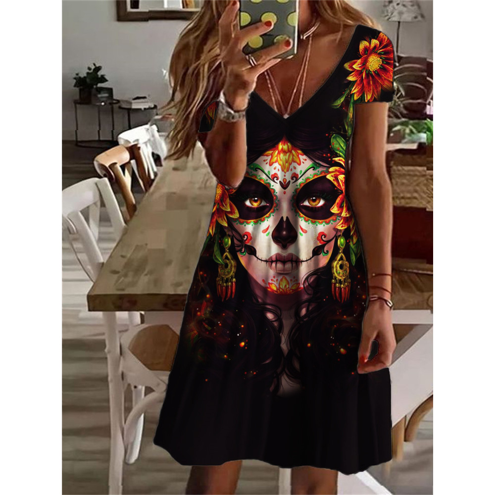 Day of the Dead Skull Print V Neck Midi Dress
