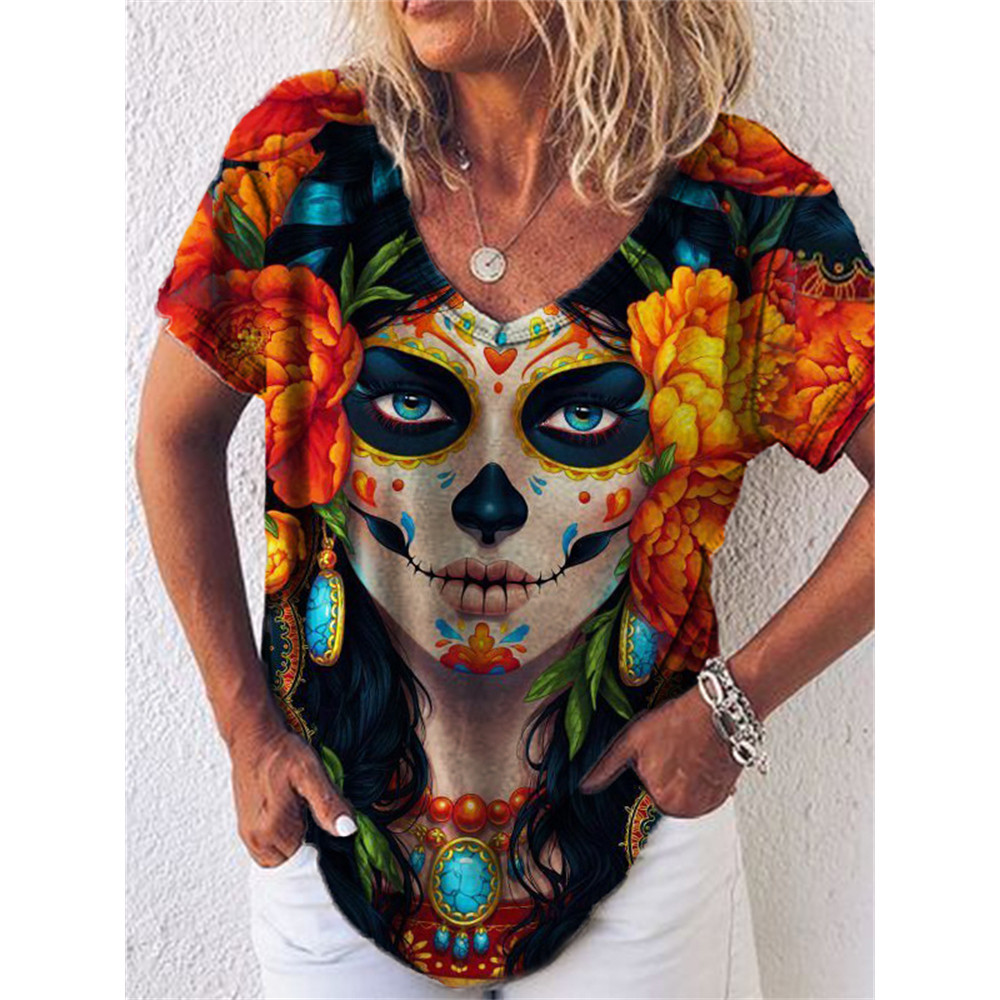 Day of the Dead Skull V Neck Short Sleeve T Shirt