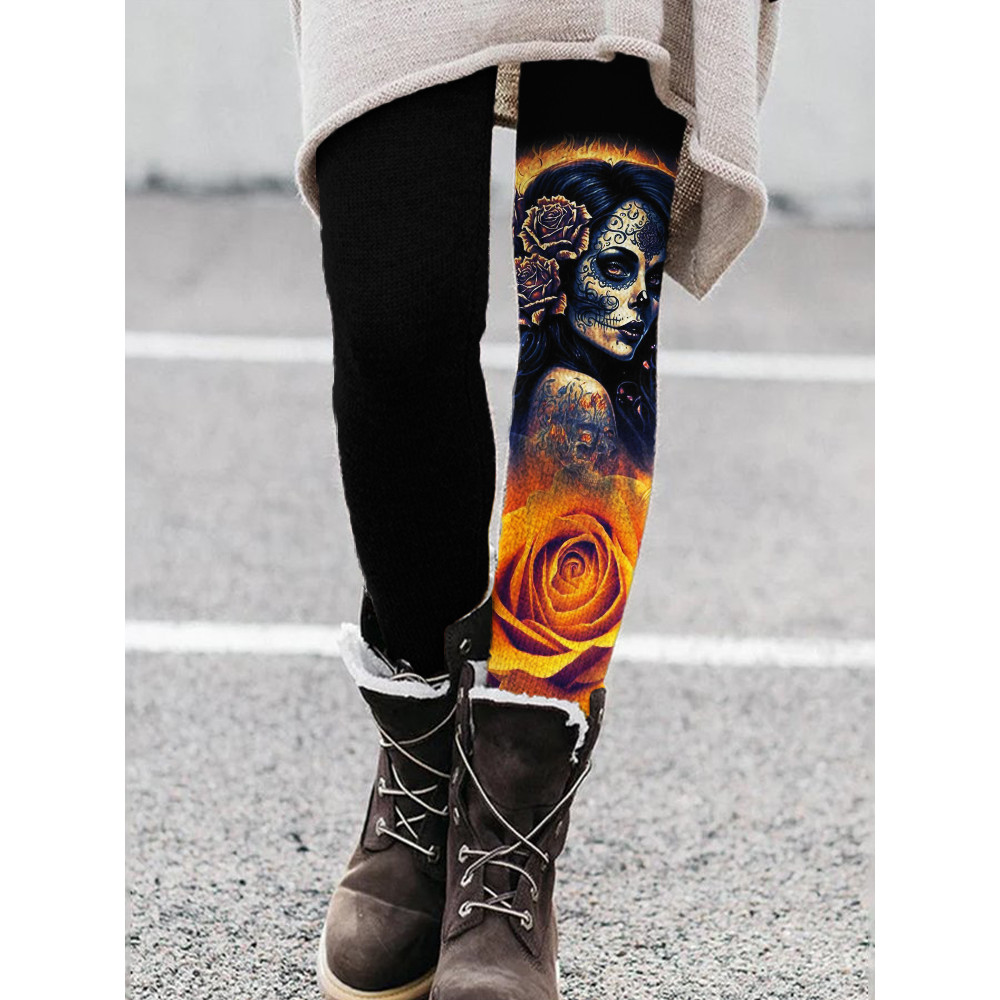 Day of the Dead Sugar Skull Art Contrast Color Leggings