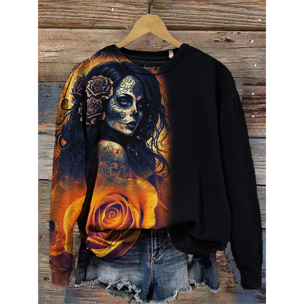 Day of the Dead Sugar Skull Art Contrast Color Sweatshirt
