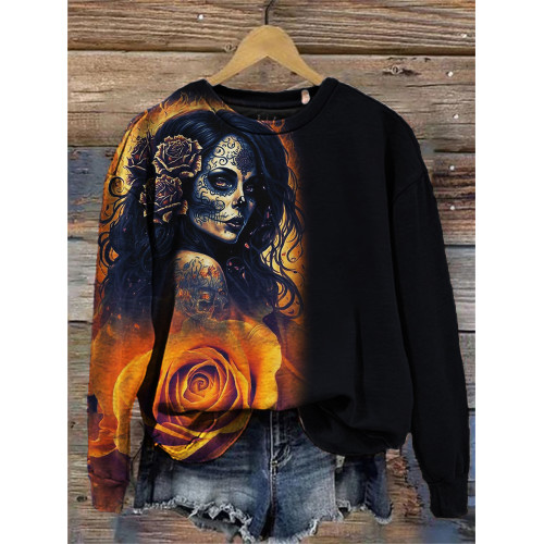 Day of the Dead Sugar Skull Art Contrast Color Sweatshirt