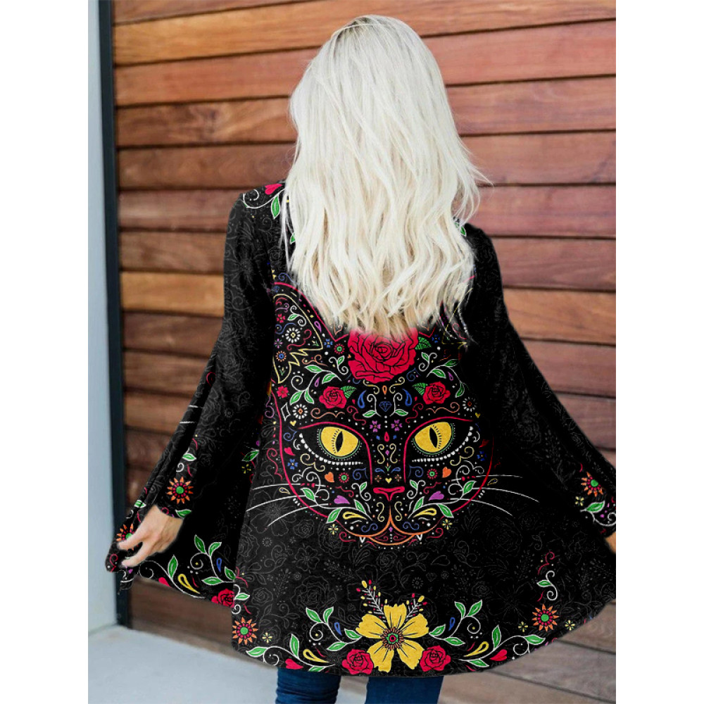 Day of the Dead Sugar Skull Cat Art Flowy Cardigan