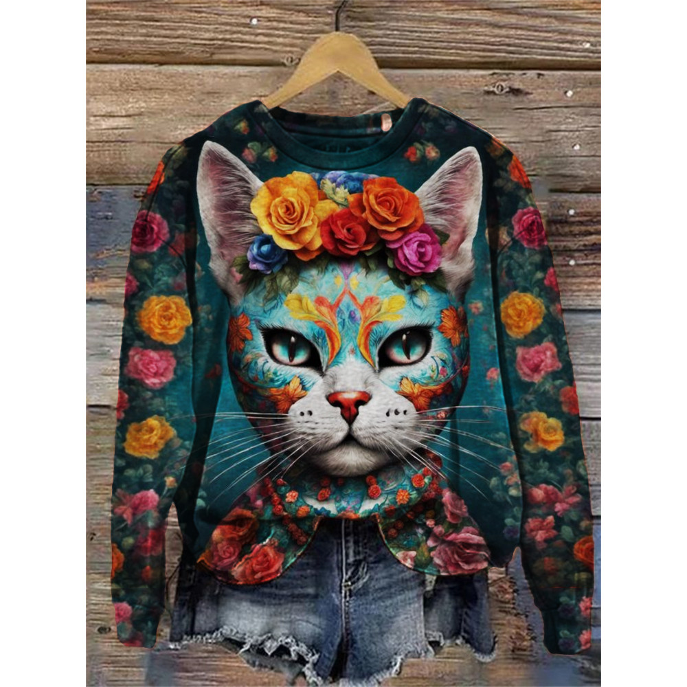 Day of the Dead Sugar Skull Cat Art Sweatshirt