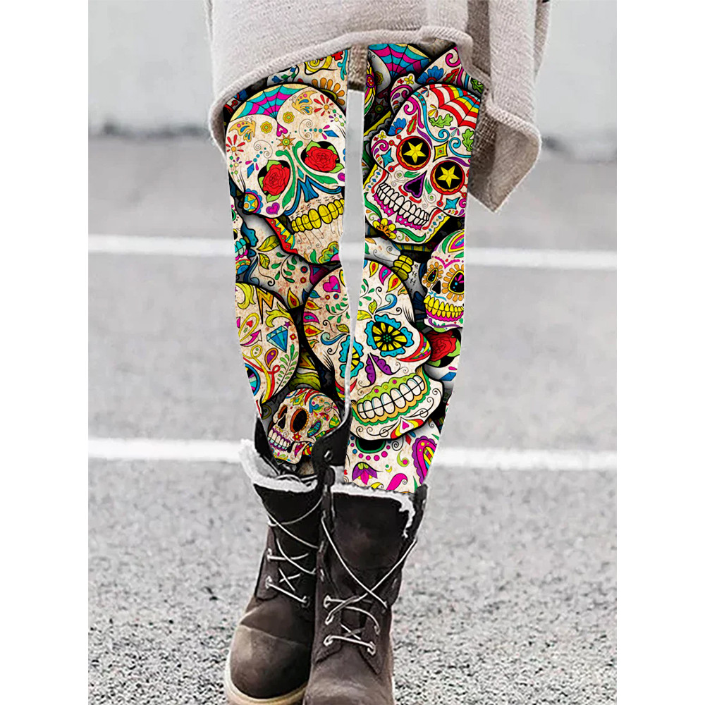 Day of the Dead Sugar Skull Collage Art Casual Leggings