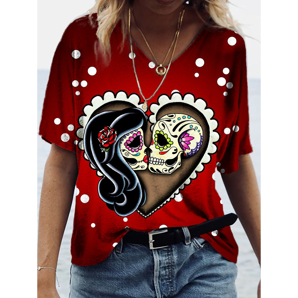 Day of the Dead Sugar Skull Lovers V Neck T Shirt