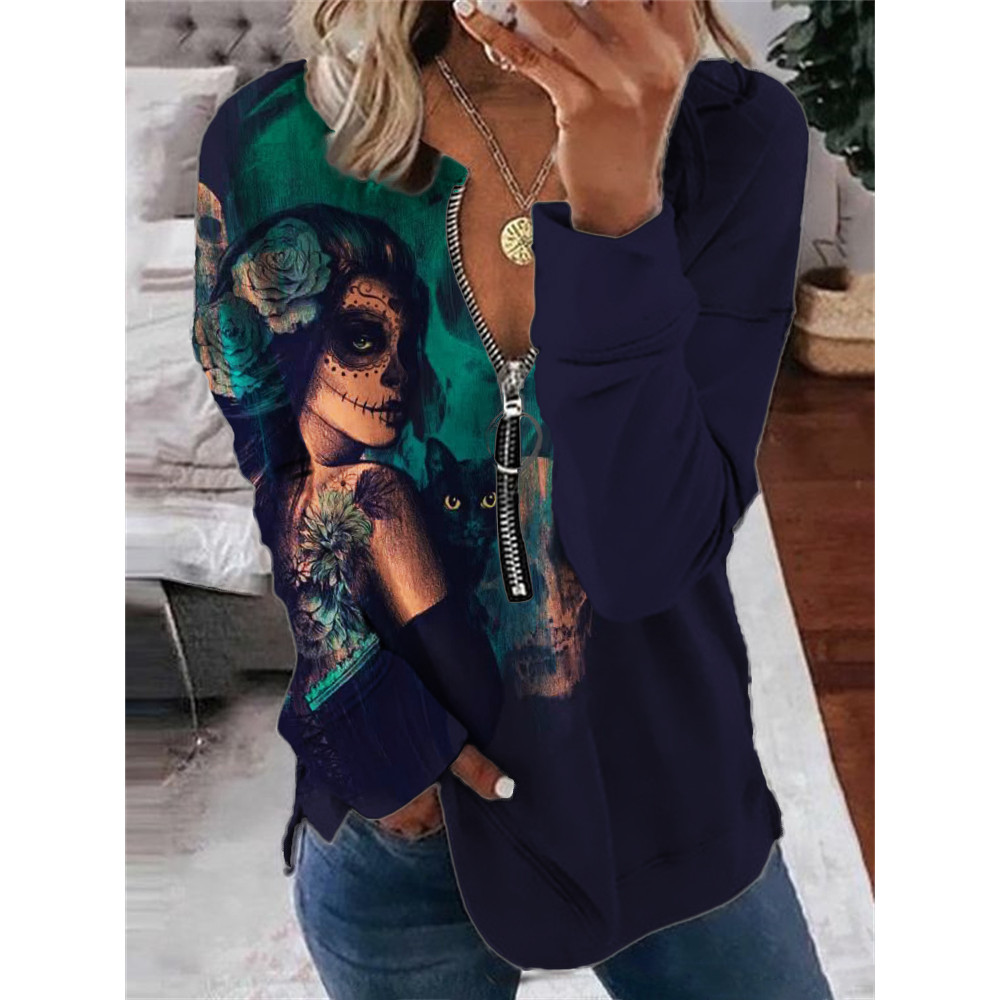 Day of the Dead Woman with Black Cat Zip Up Sweatshirt