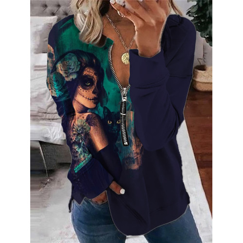 Day of the Dead Woman with Black Cat Zip Up Sweatshirt