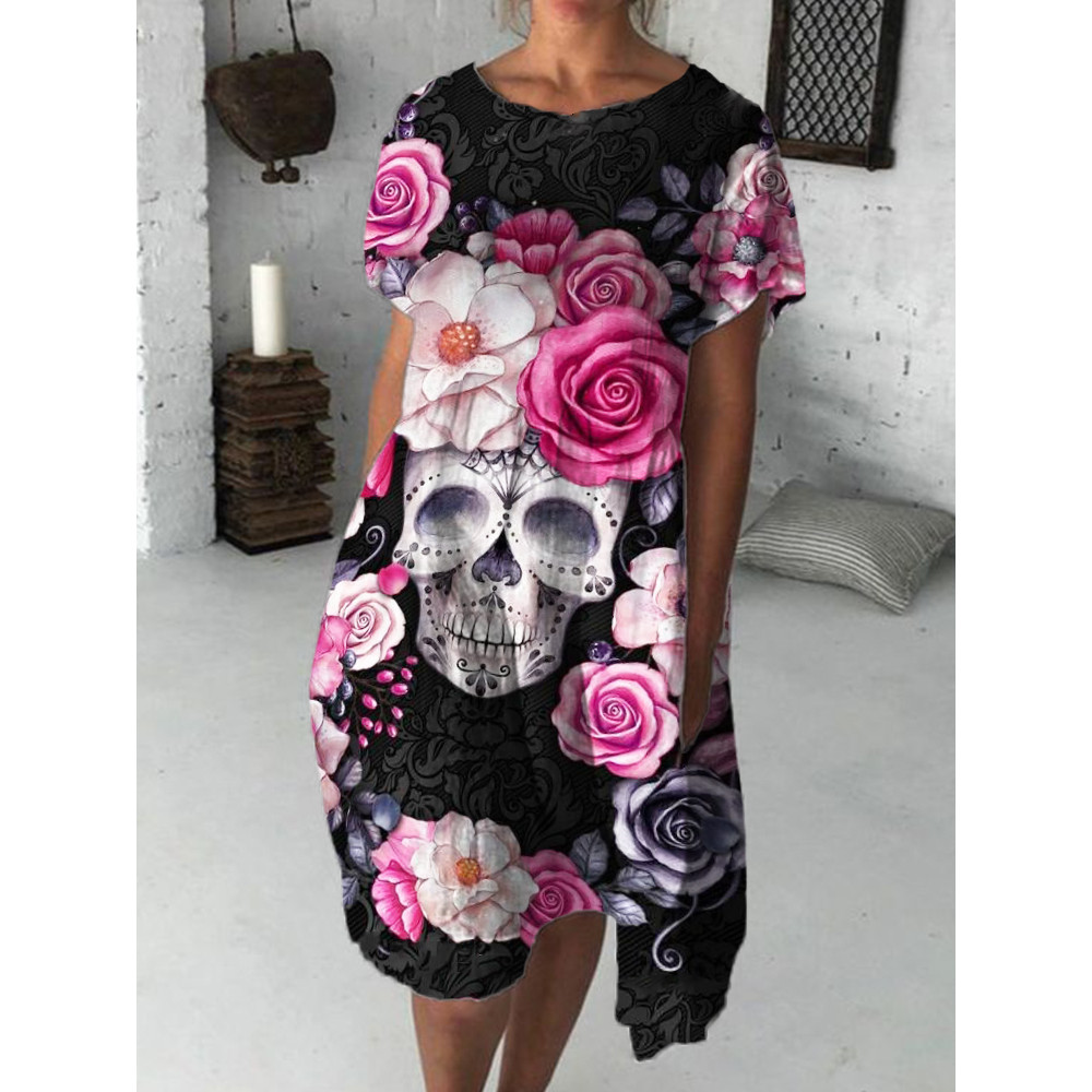 Elegant Floral Sugar Skull Art Midi Dress