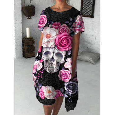 Elegant Floral Sugar Skull Art Midi Dress