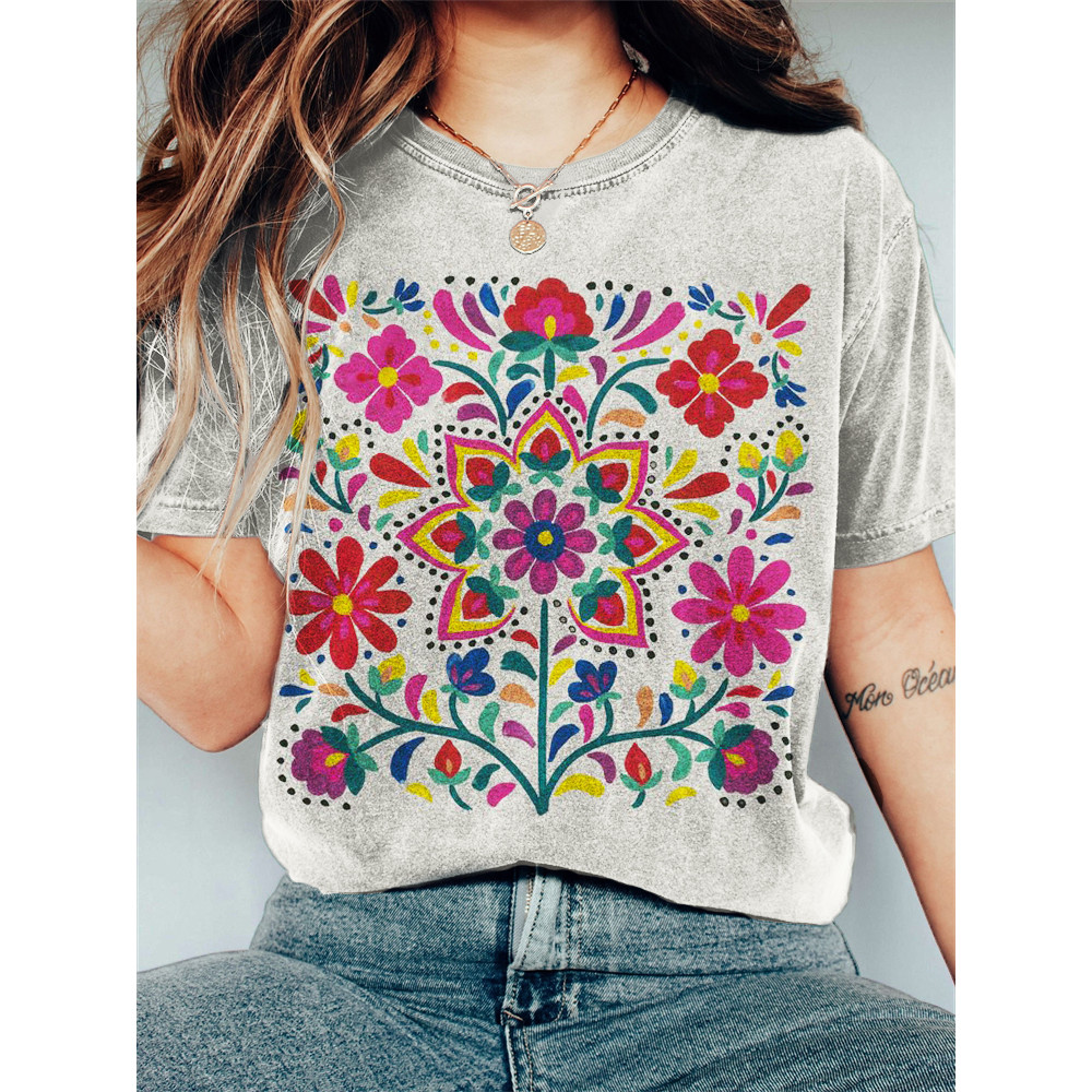 Ethnic Mexican Flowers Art Vintage Washed T Shirt