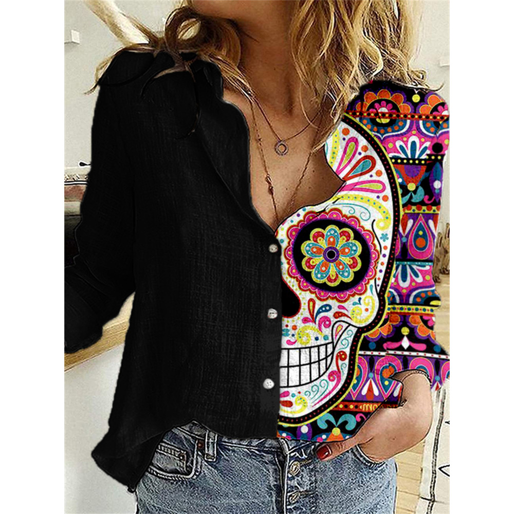 Fancy Sugar Skull Art Contrast Color Blouse