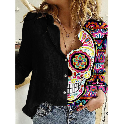 Fancy Sugar Skull Art Contrast Color Blouse