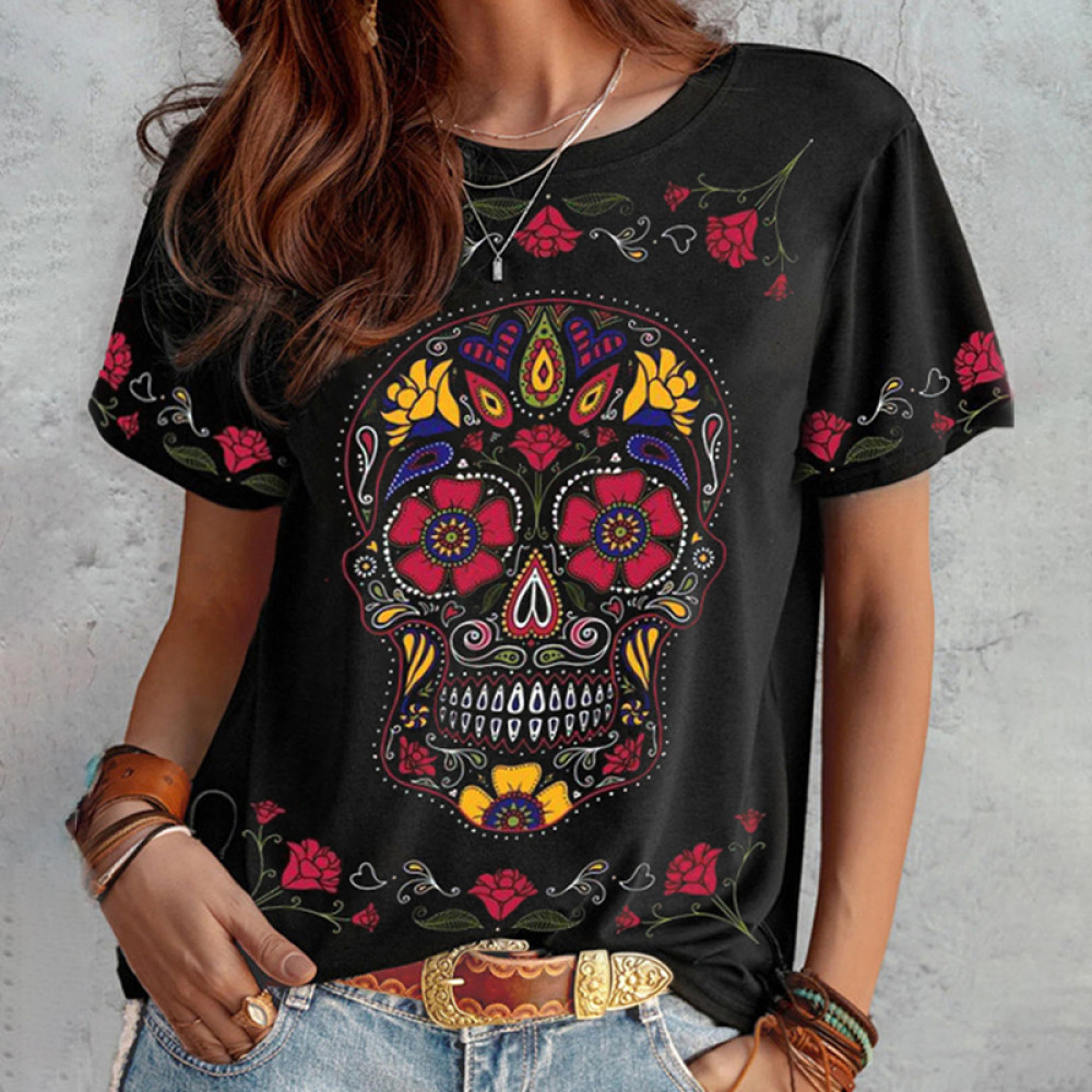 Fancy Sugar Skull Floral Art T Shirt